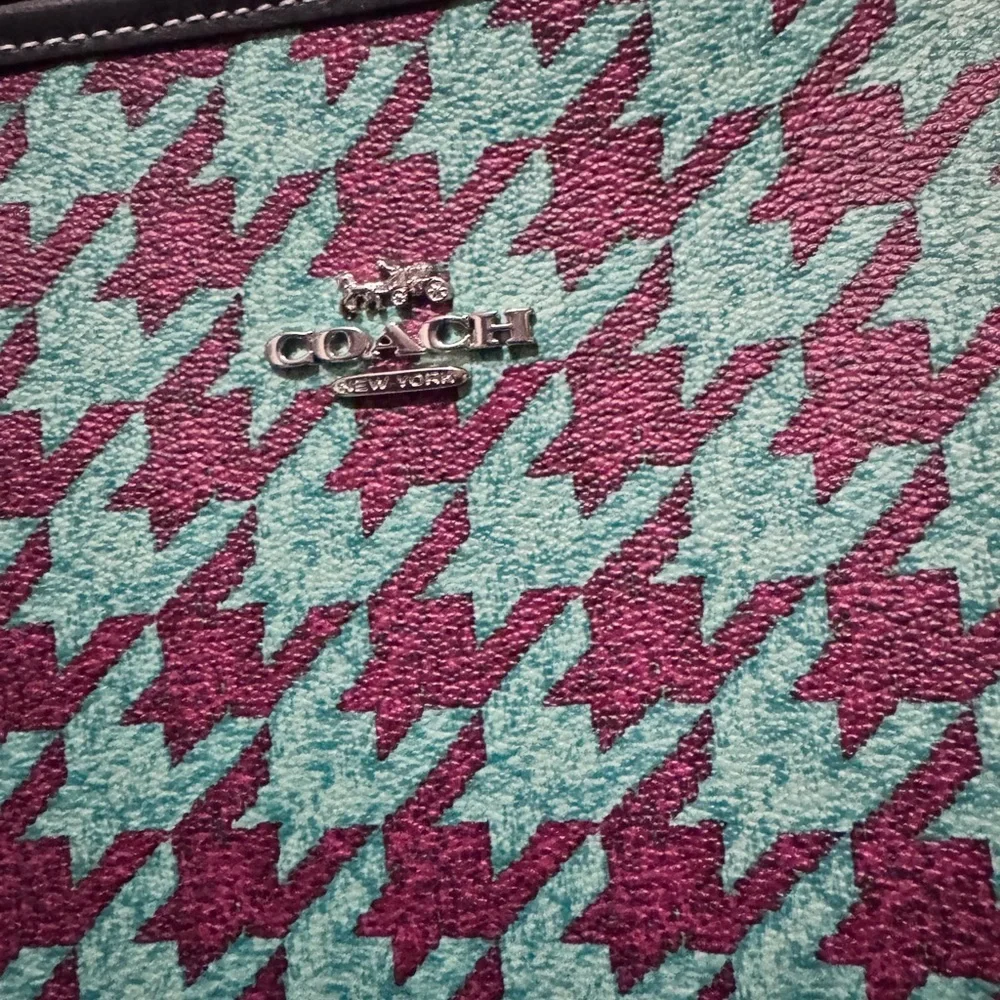 Coach City Tote in a teal and wine houndstooth print